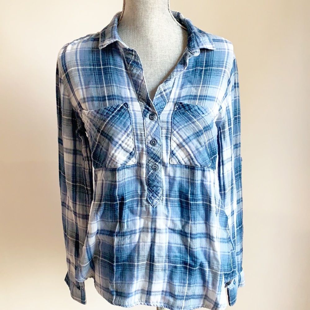 Anthropologie Cloth & Stone blue and white plaid cotton blouse